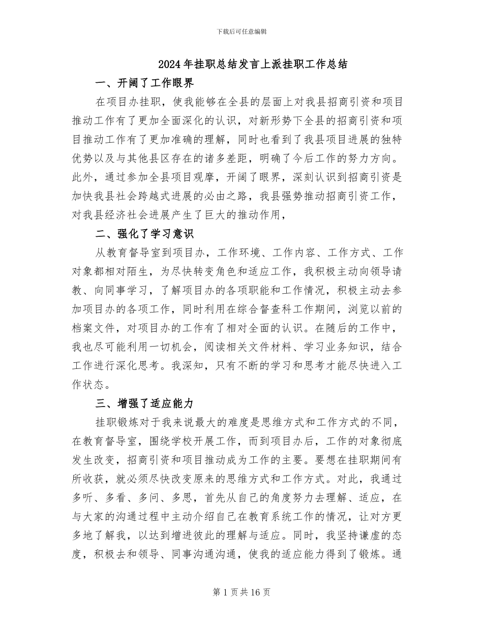 2024年挂职总结发言上派挂职工作总结_第1页