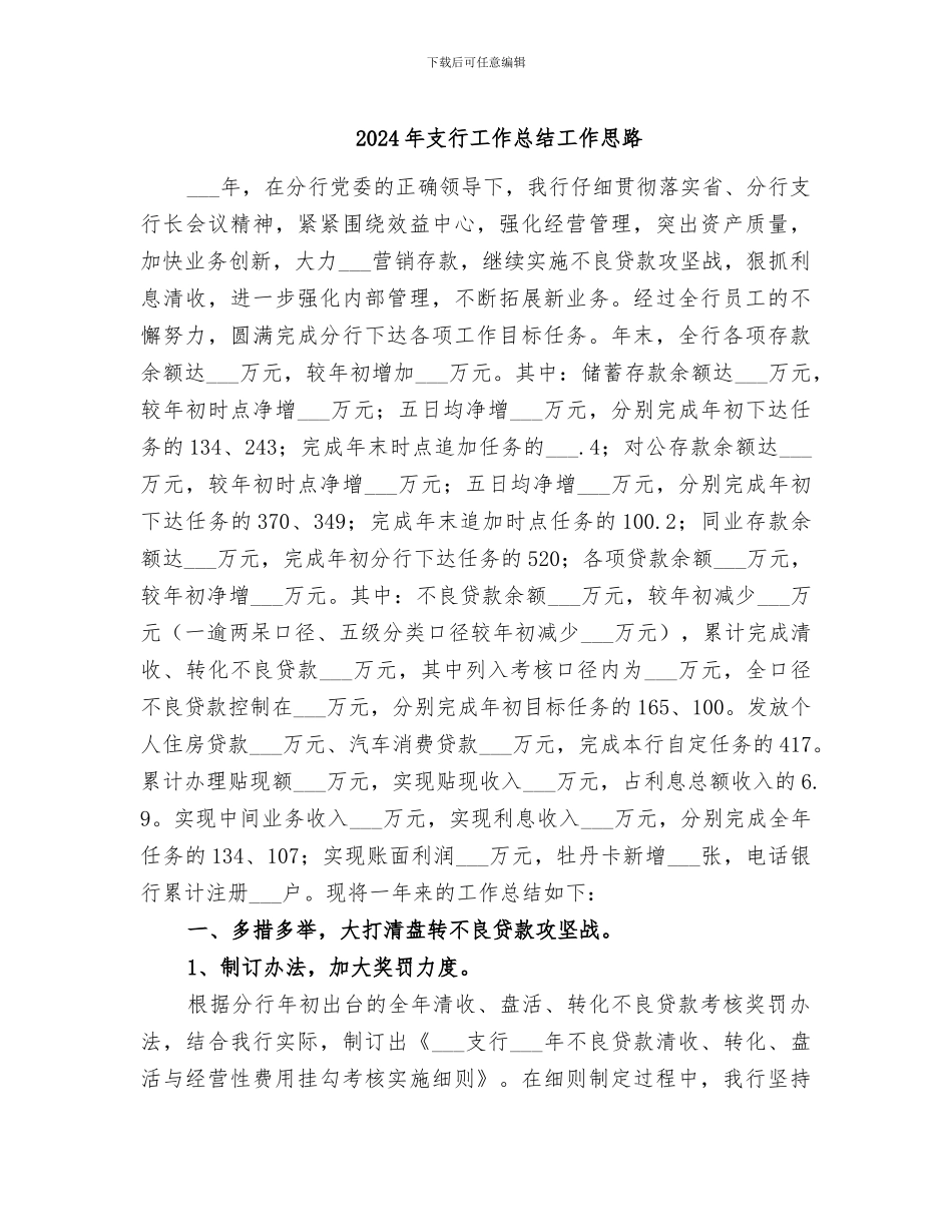 2024年支行工作总结工作思路_第1页
