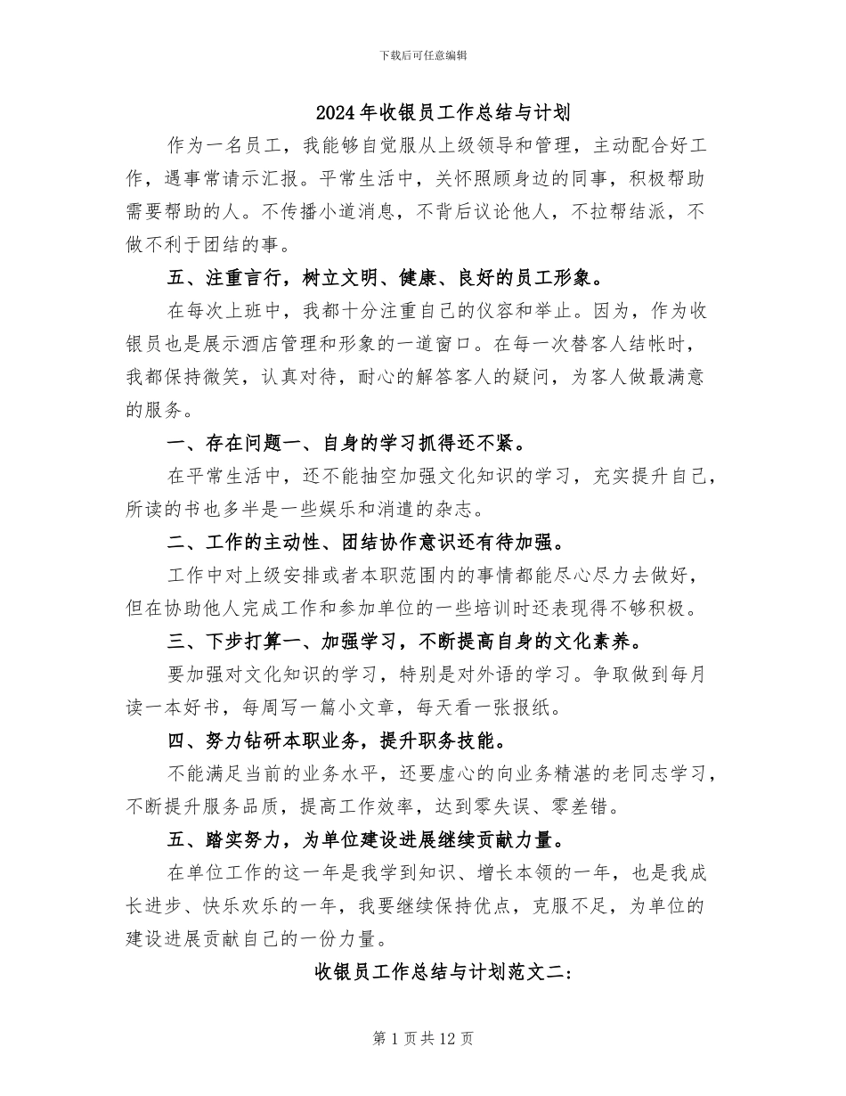 2024年收银员工作总结与计划_第1页
