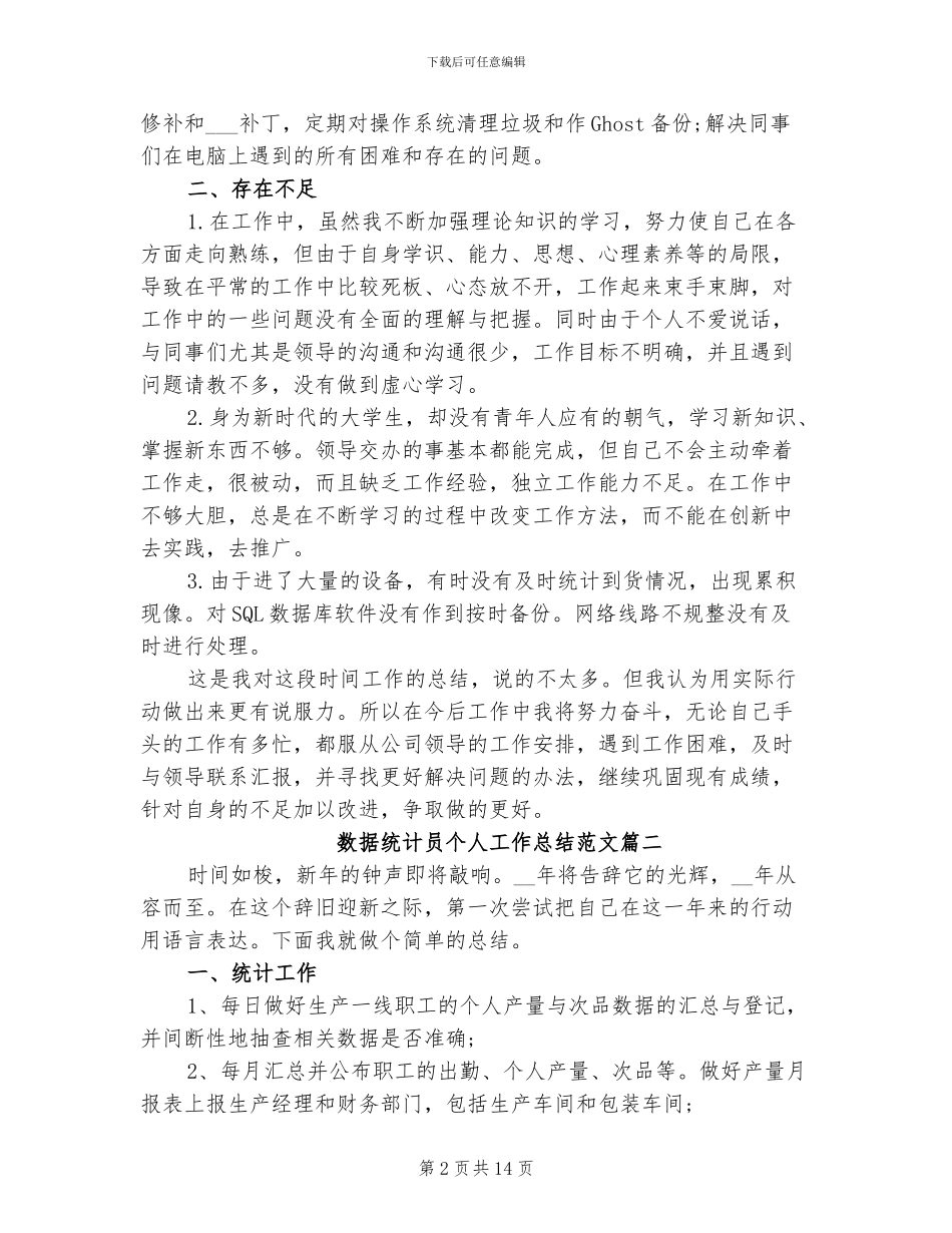 2024年数据统计员个人工作总结与计划_第2页