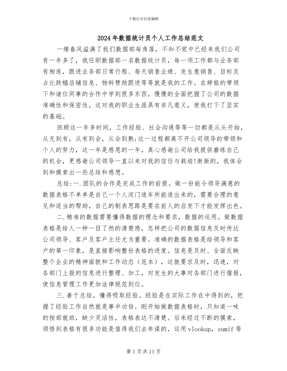 2024年数据统计员个人工作总结范文_第1页