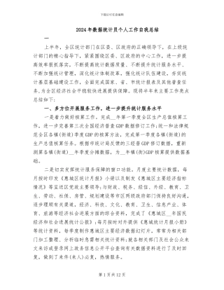 2024年数据统计员个人工作自我总结