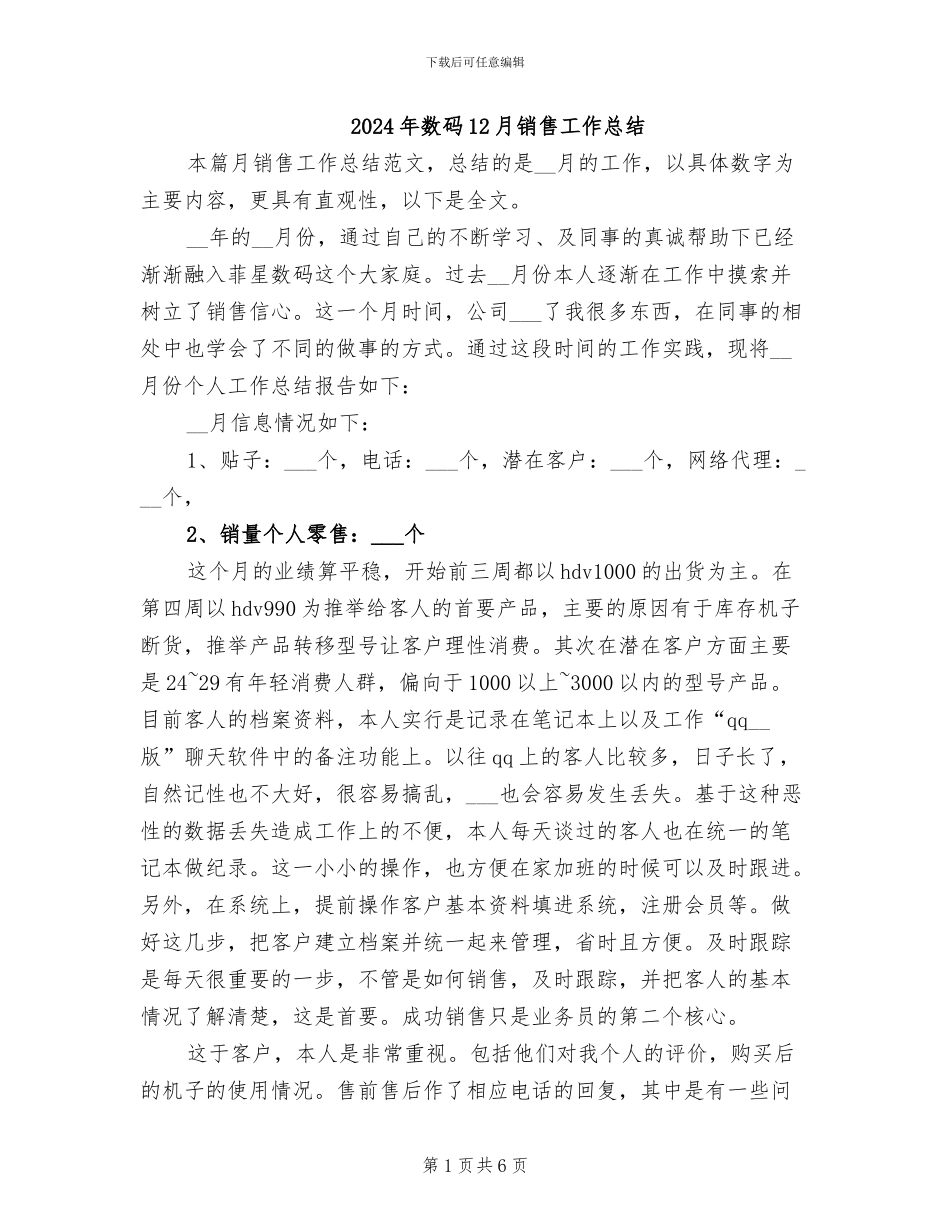 2024年数码12月销售工作总结_第1页