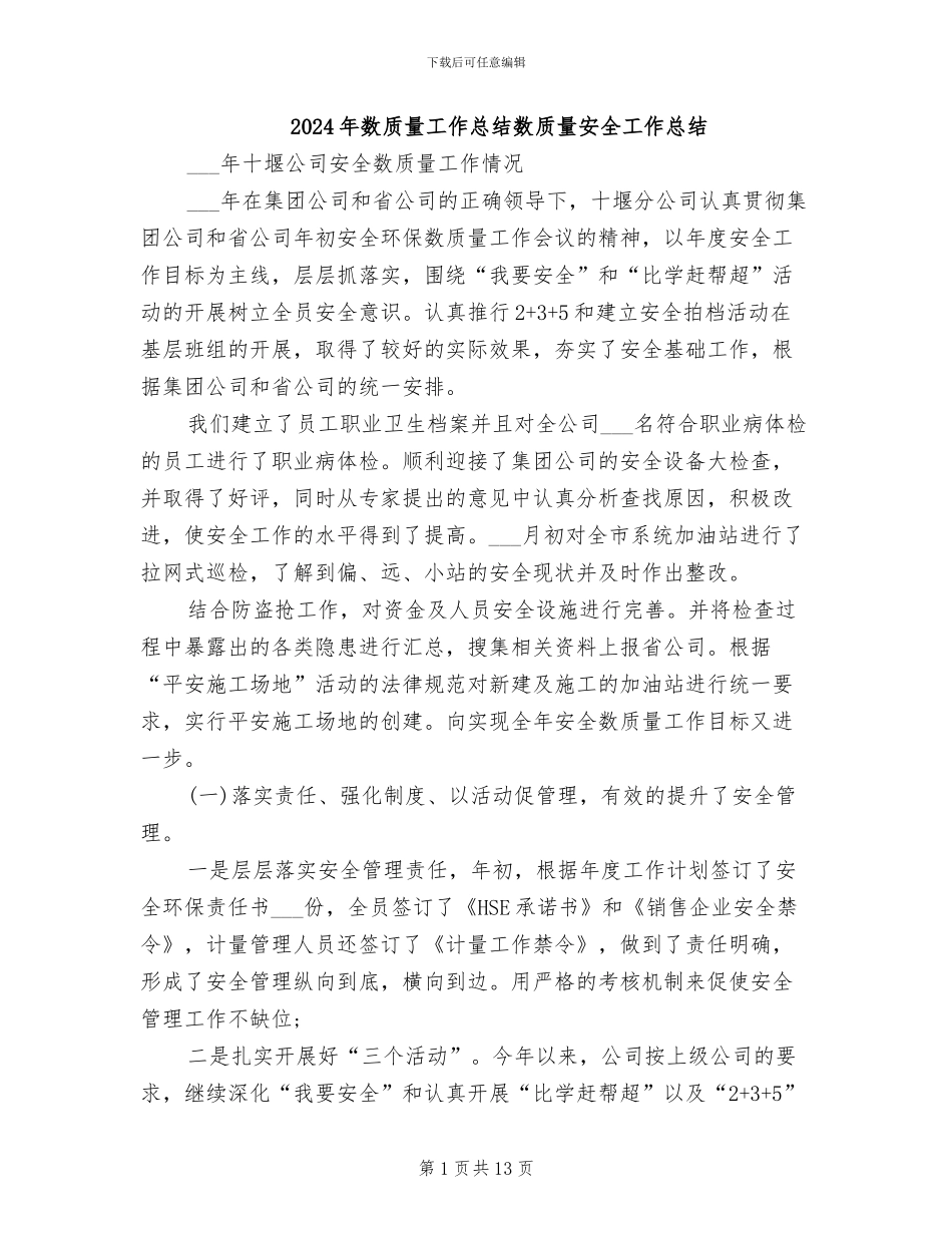 2024年数质量工作总结数质量安全工作总结_第1页