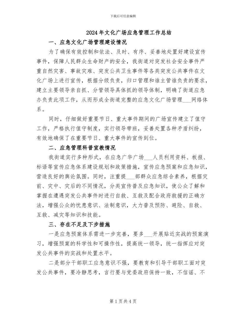 2024年文化广场应急管理工作总结_第1页