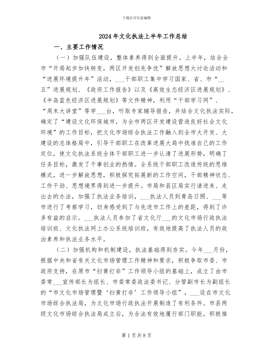 2024年文化执法上半年工作总结_第1页