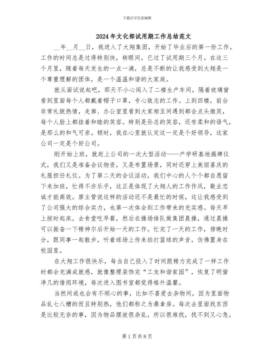 2024年文化部试用期工作总结范文_第1页