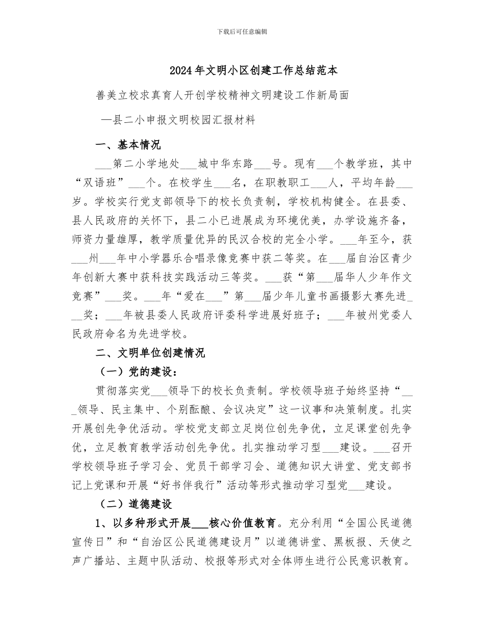 2024年文明小区创建工作总结范本_第1页