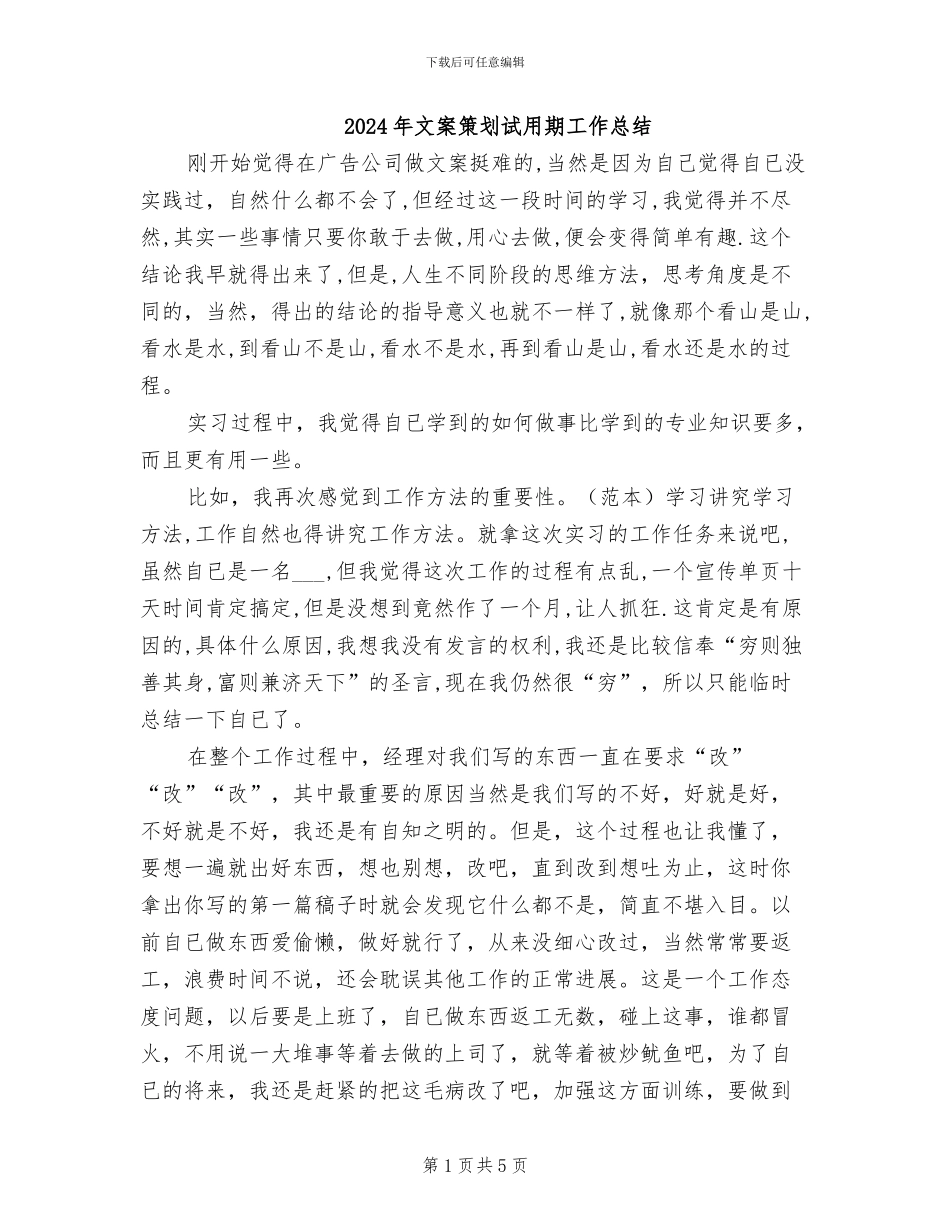 2024年文案策划试用期工作总结_第1页