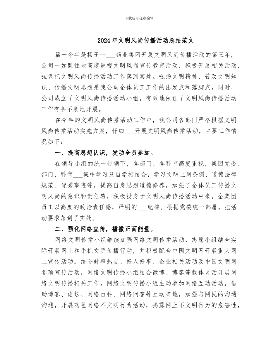 2024年文明风尚传播活动总结范文_第1页