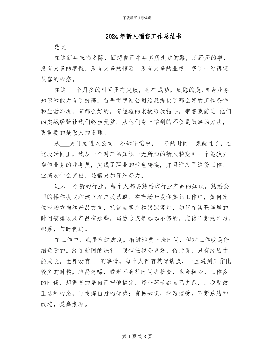 2024年新人销售工作总结书_第1页