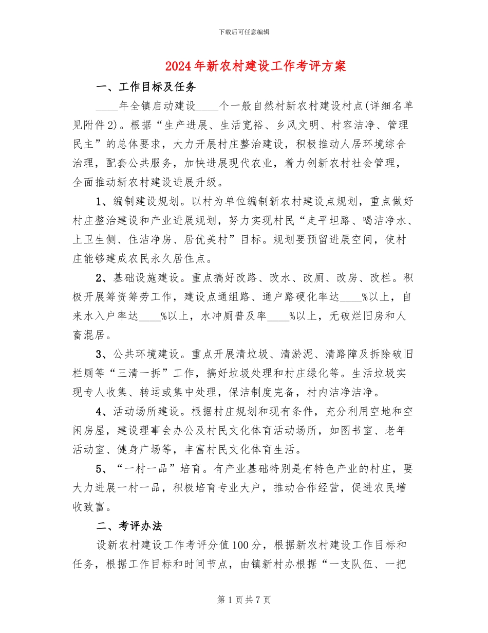 2024年新农村建设工作考评方案_第1页