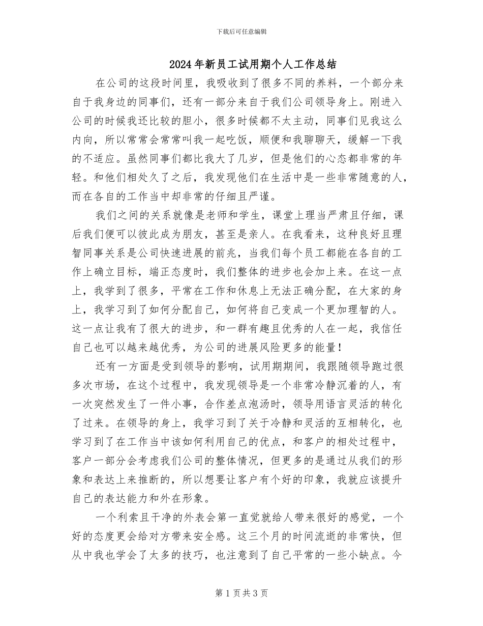 2024年新员工试用期个人工作总结_第1页