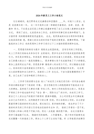 2024年新员工工作小结范文
