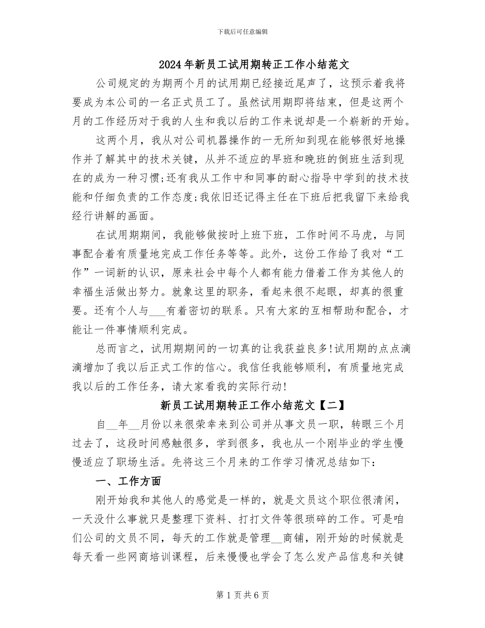 2024年新员工试用期转正工作小结范文_第1页