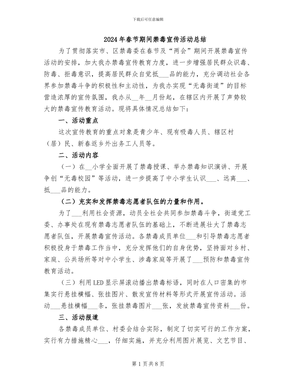 2024年春节期间禁毒宣传活动总结_第1页
