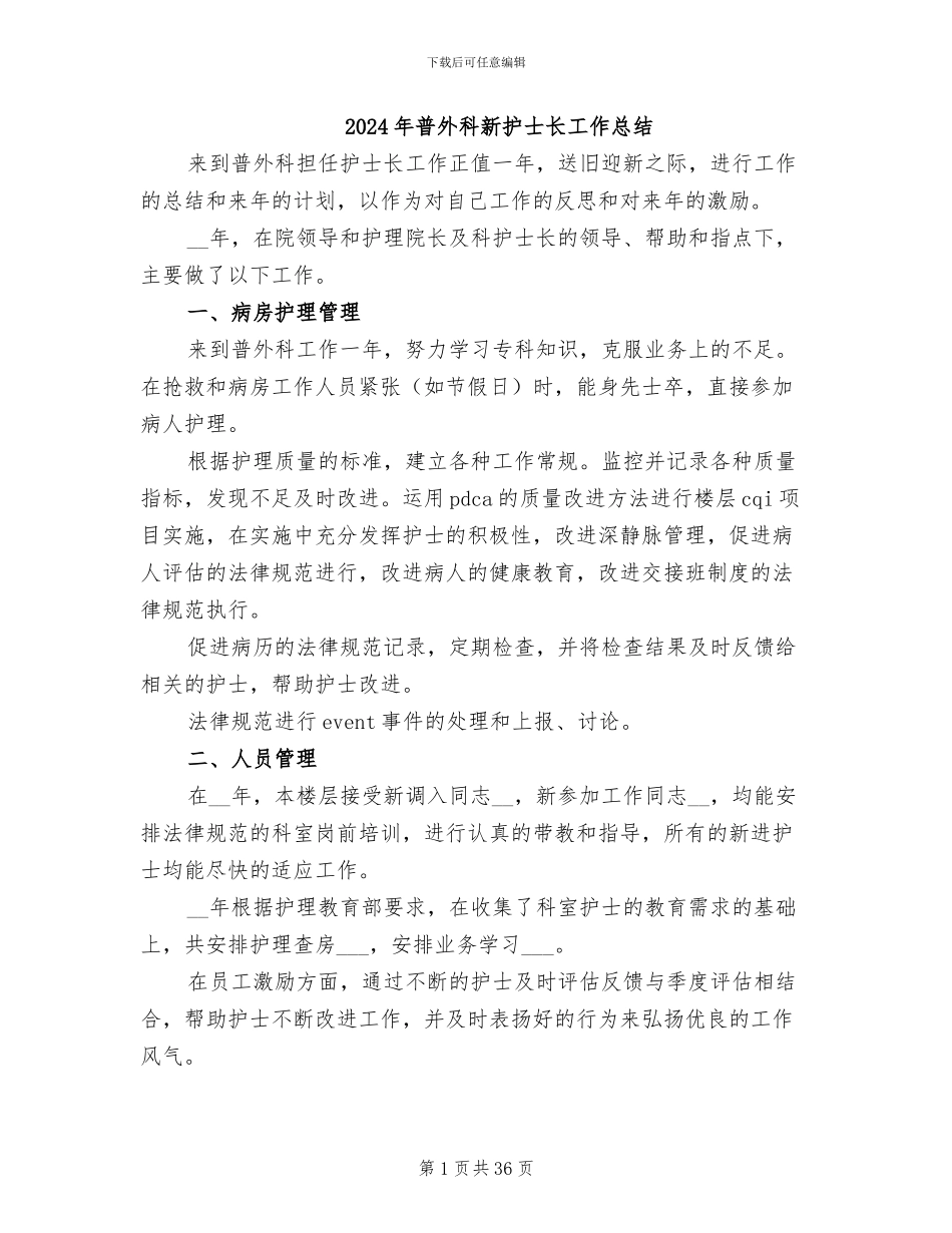 2024年普外科新护士长工作总结_第1页