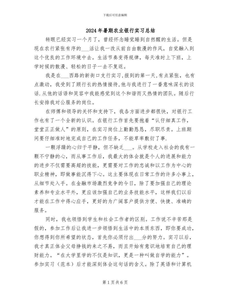 2024年暑期农业银行实习总结_第1页