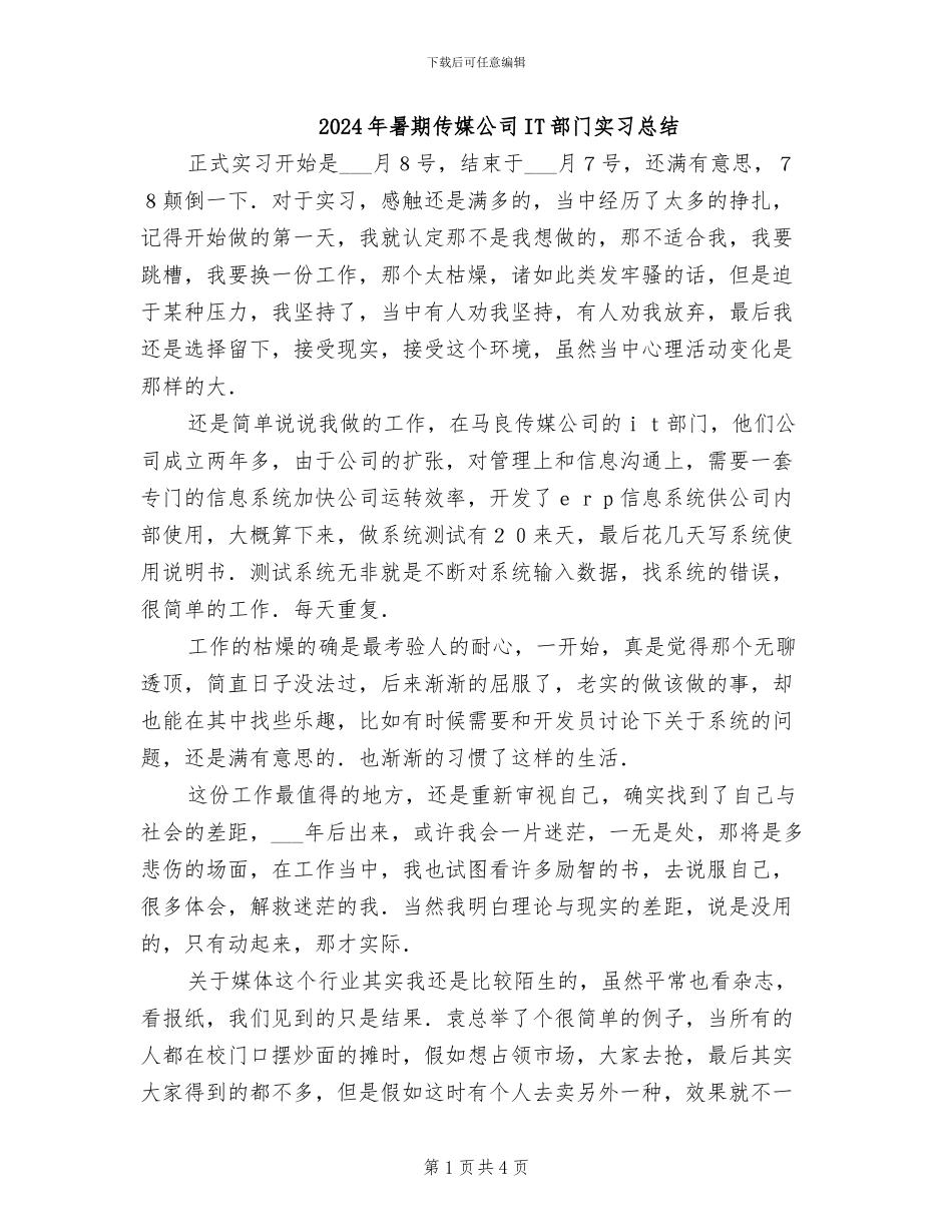 2024年暑期传媒公司IT部门实习总结_第1页