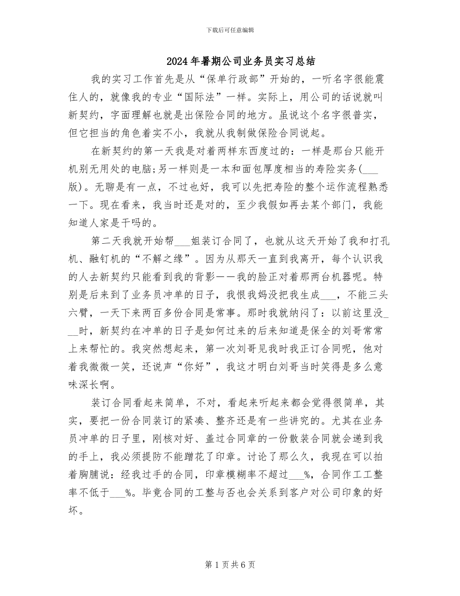 2024年暑期公司业务员实习总结_第1页