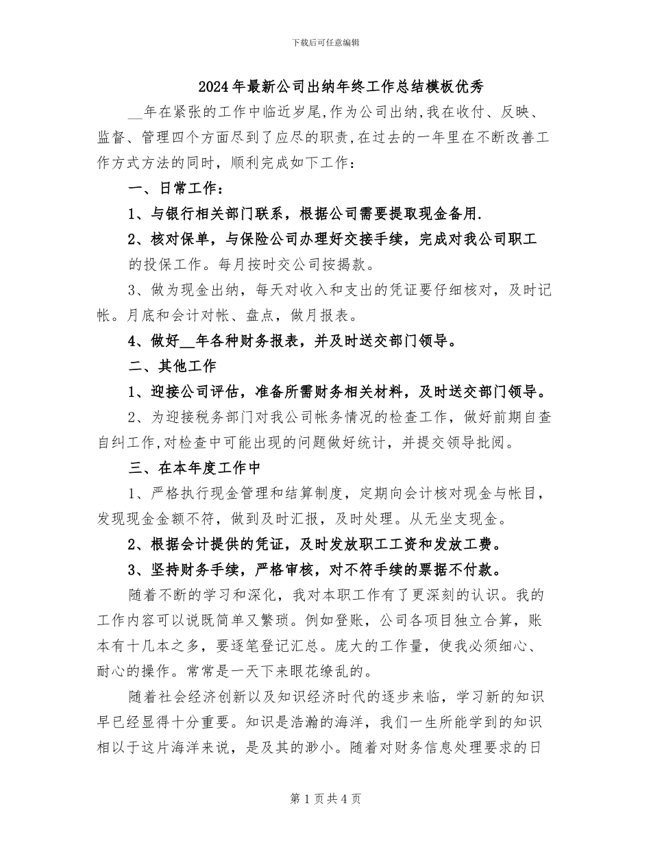 2024年最新公司出纳年终工作总结模板优秀_第1页