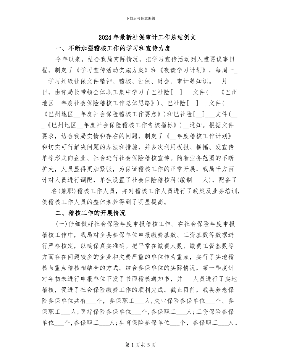 2024年最新社保审计工作总结例文_第1页