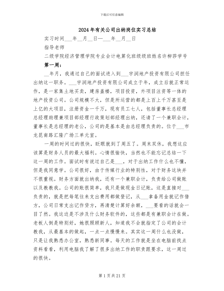 2024年有关公司出纳岗位实习总结_第1页