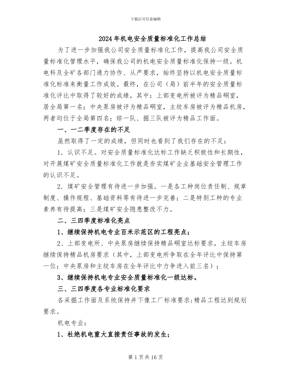 2024年机电安全质量标准化工作总结_第1页
