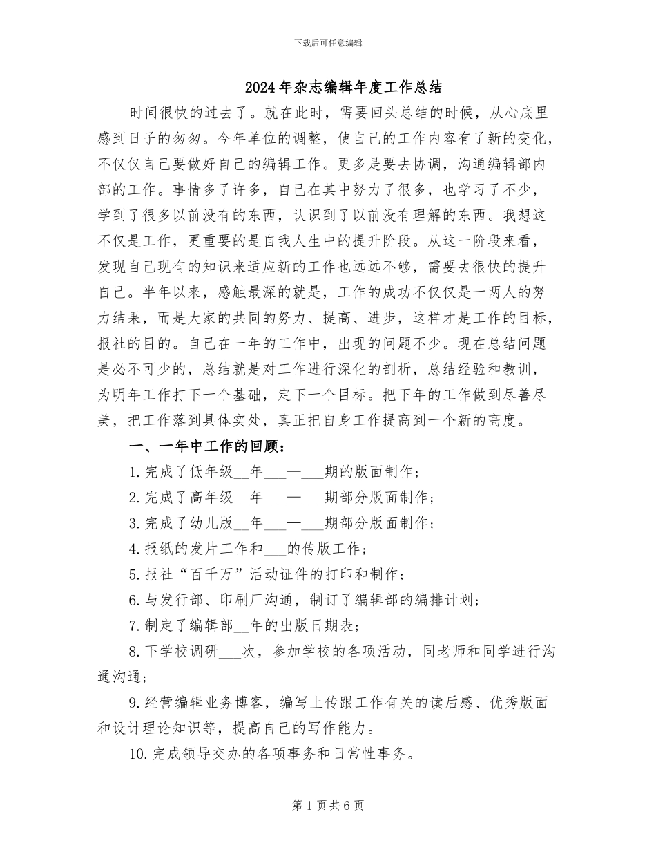 2024年杂志编辑年度工作总结_第1页