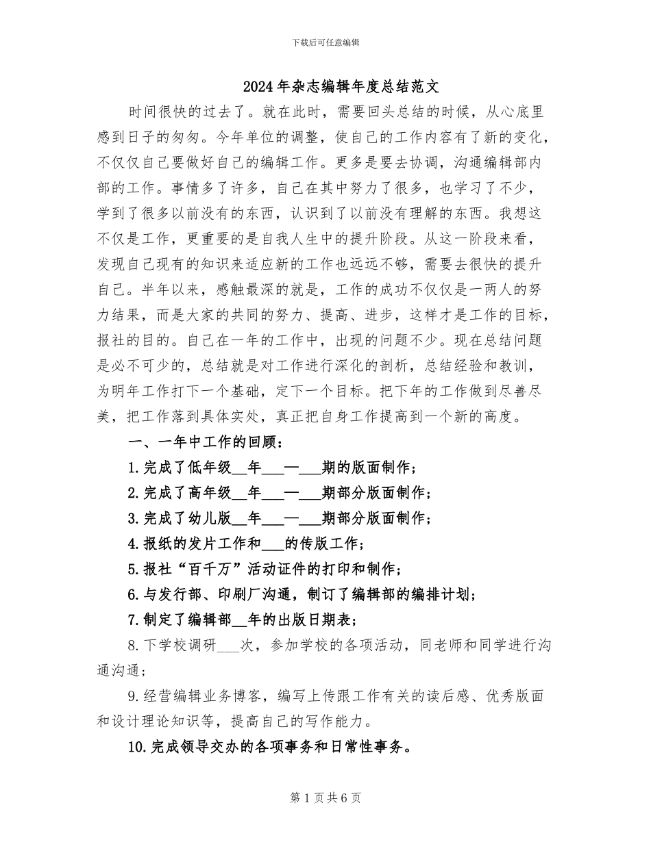 2024年杂志编辑年度总结范文_第1页