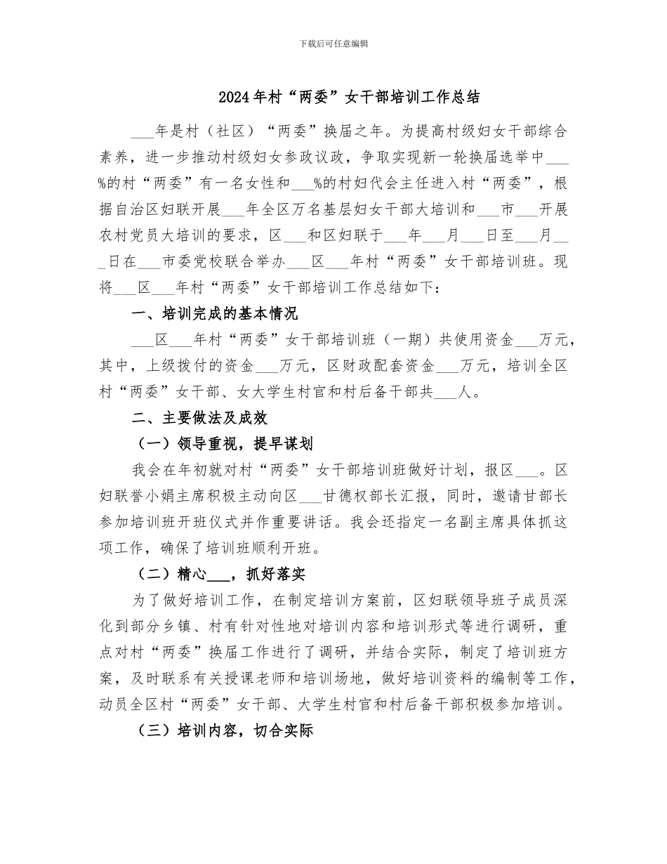 2024年村“两委”女干部培训工作总结_第1页