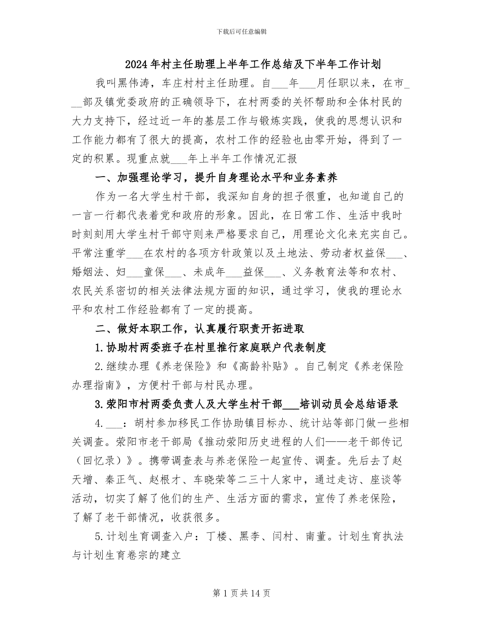 2024年村主任助理上半年工作总结及下半年工作计划_第1页