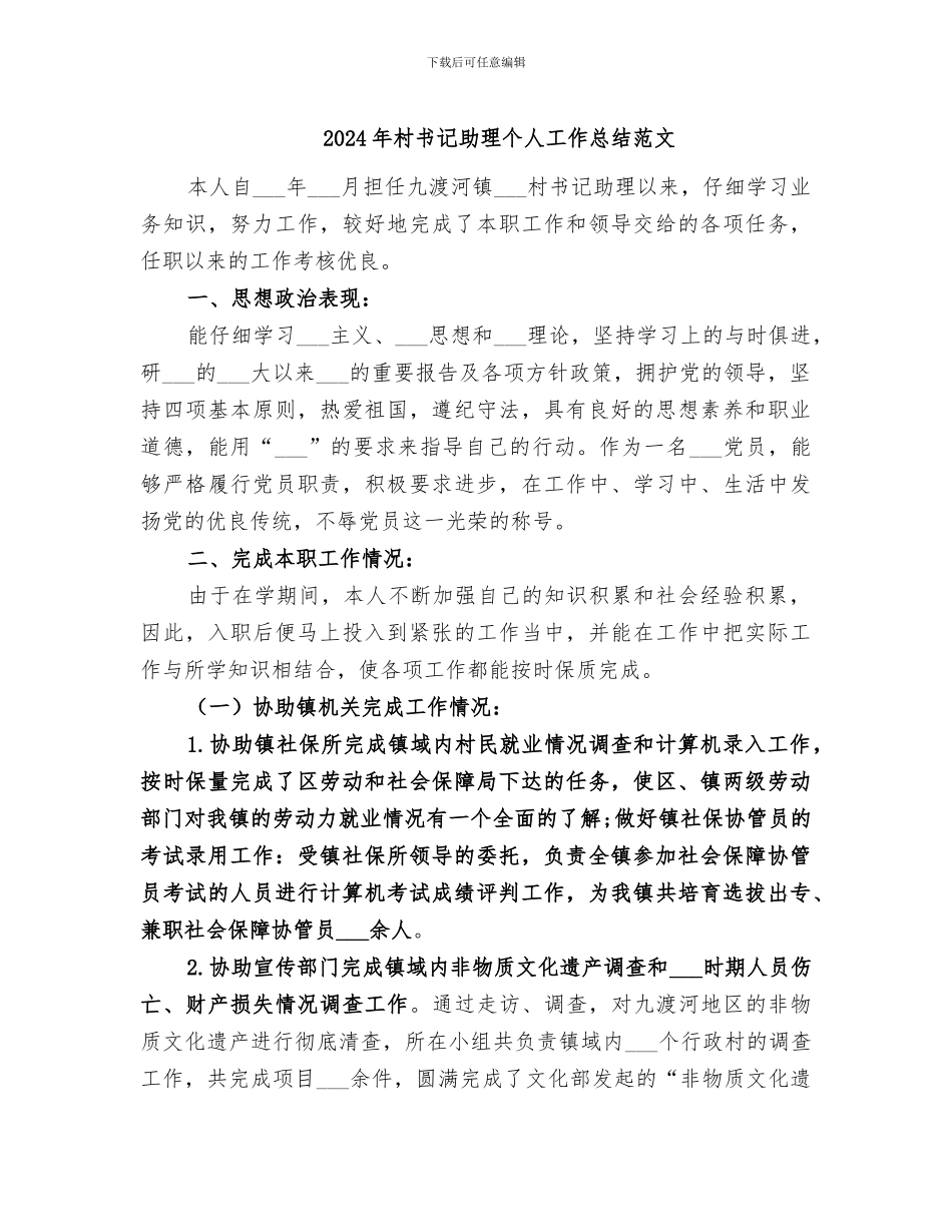 2024年村书记助理个人工作总结范文_第1页