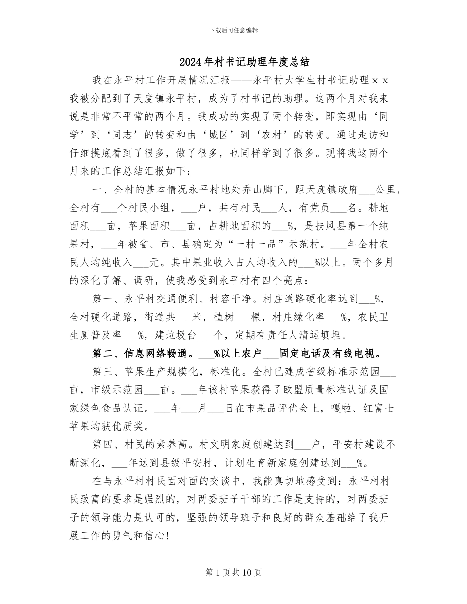 2024年村书记助理年度总结_第1页