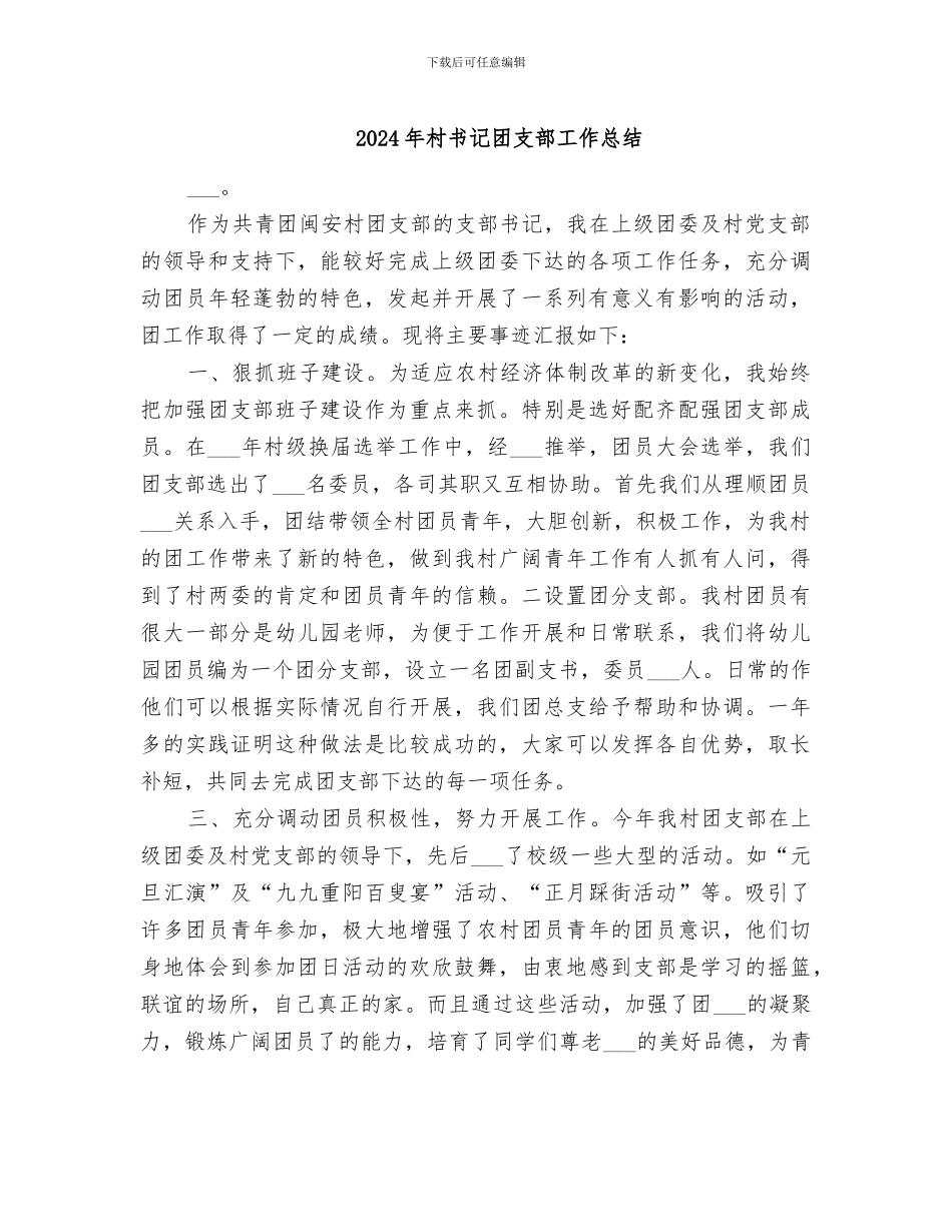 2024年村书记团支部工作总结_第1页