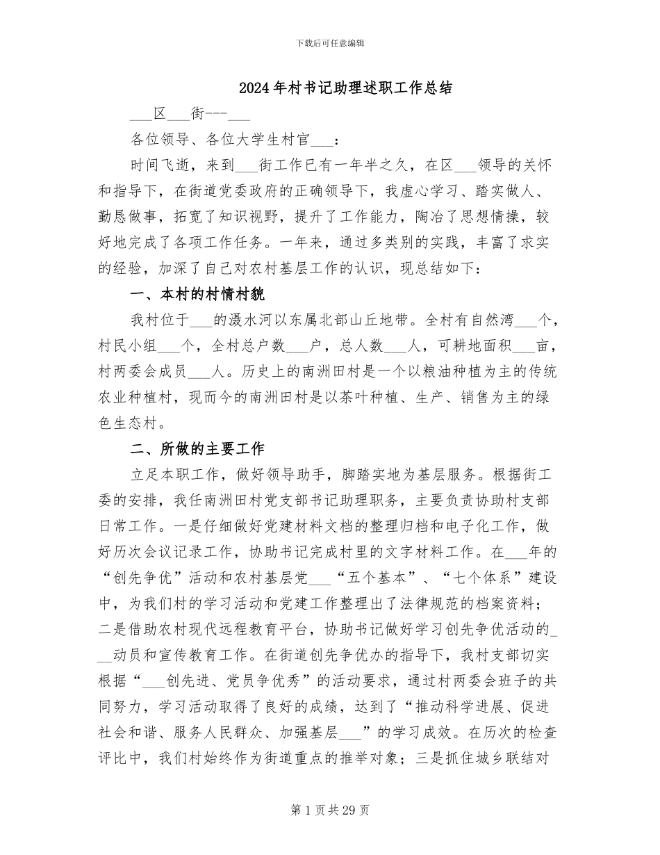 2024年村书记助理述职工作总结_第1页