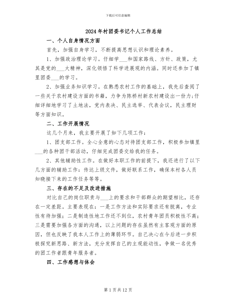 2024年村团委书记个人工作总结_第1页