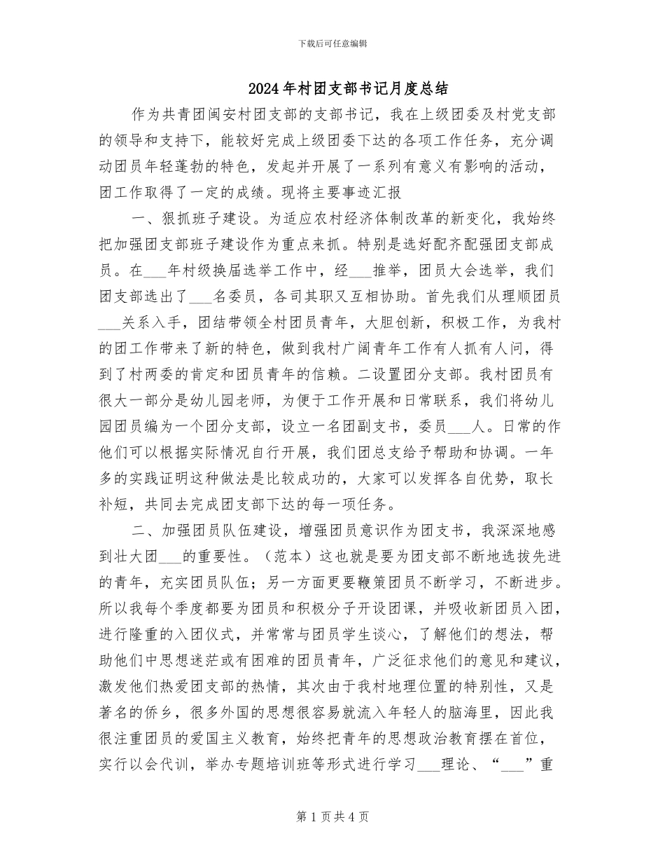 2024年村团支部书记月度总结_第1页