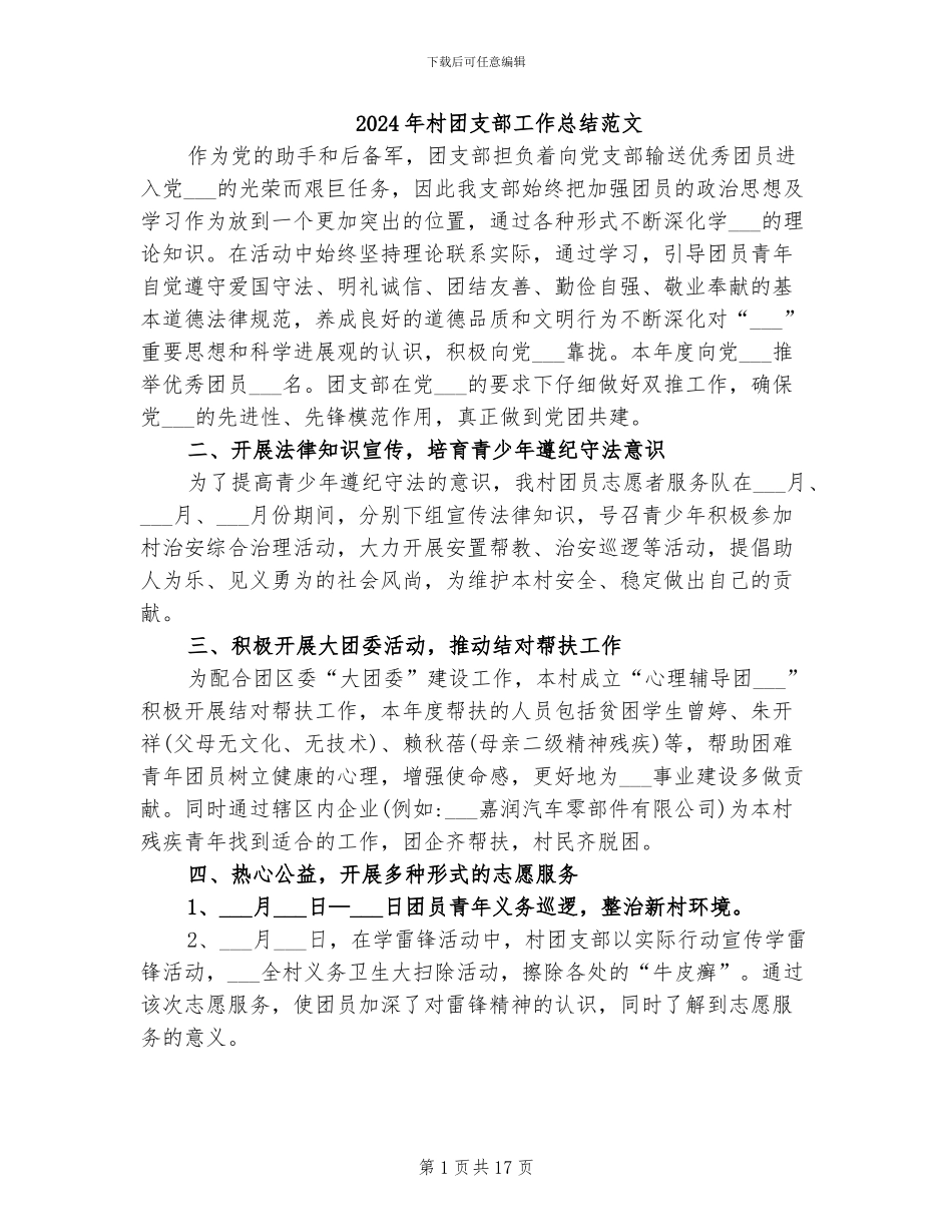 2024年村团支部工作总结范文_第1页