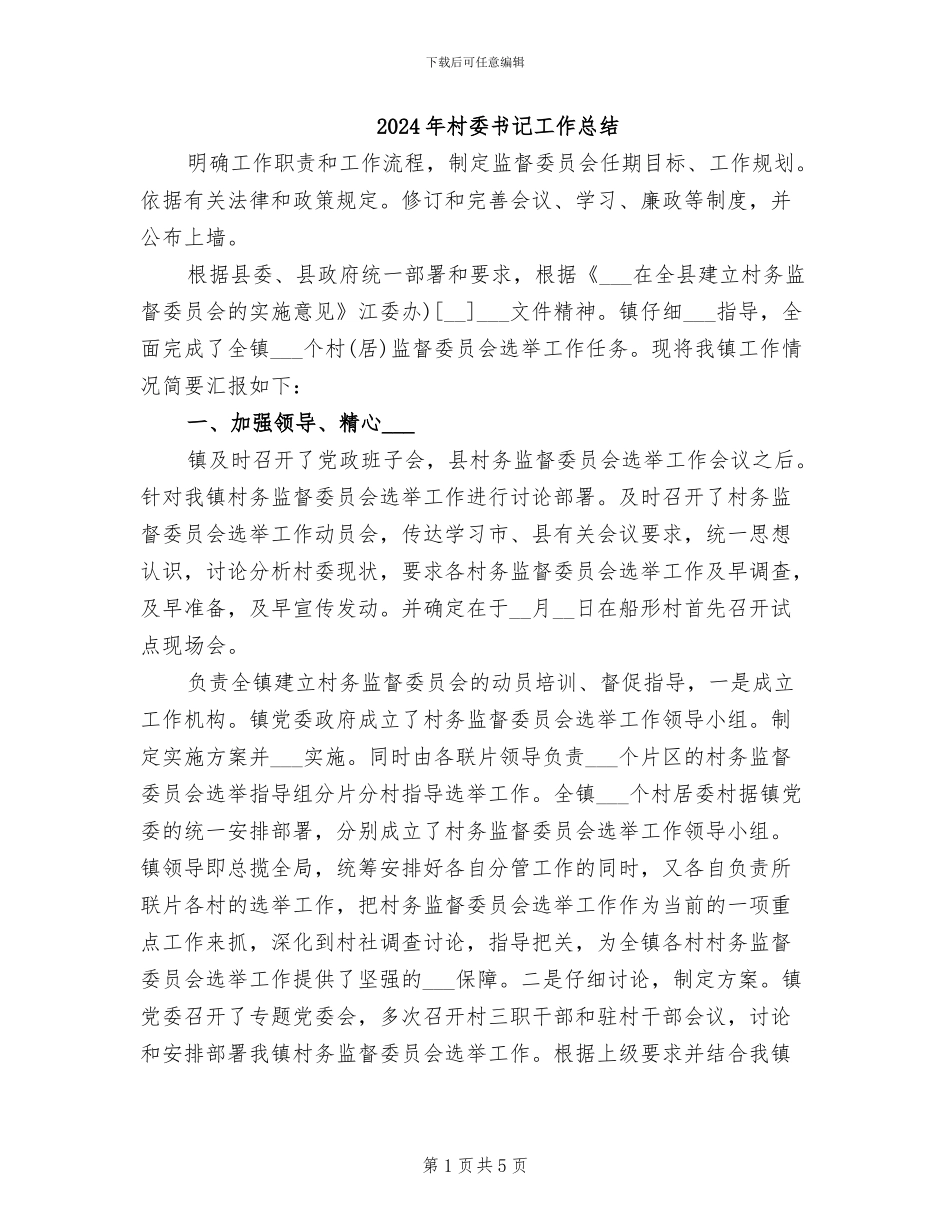 2024年村委书记工作总结_第1页