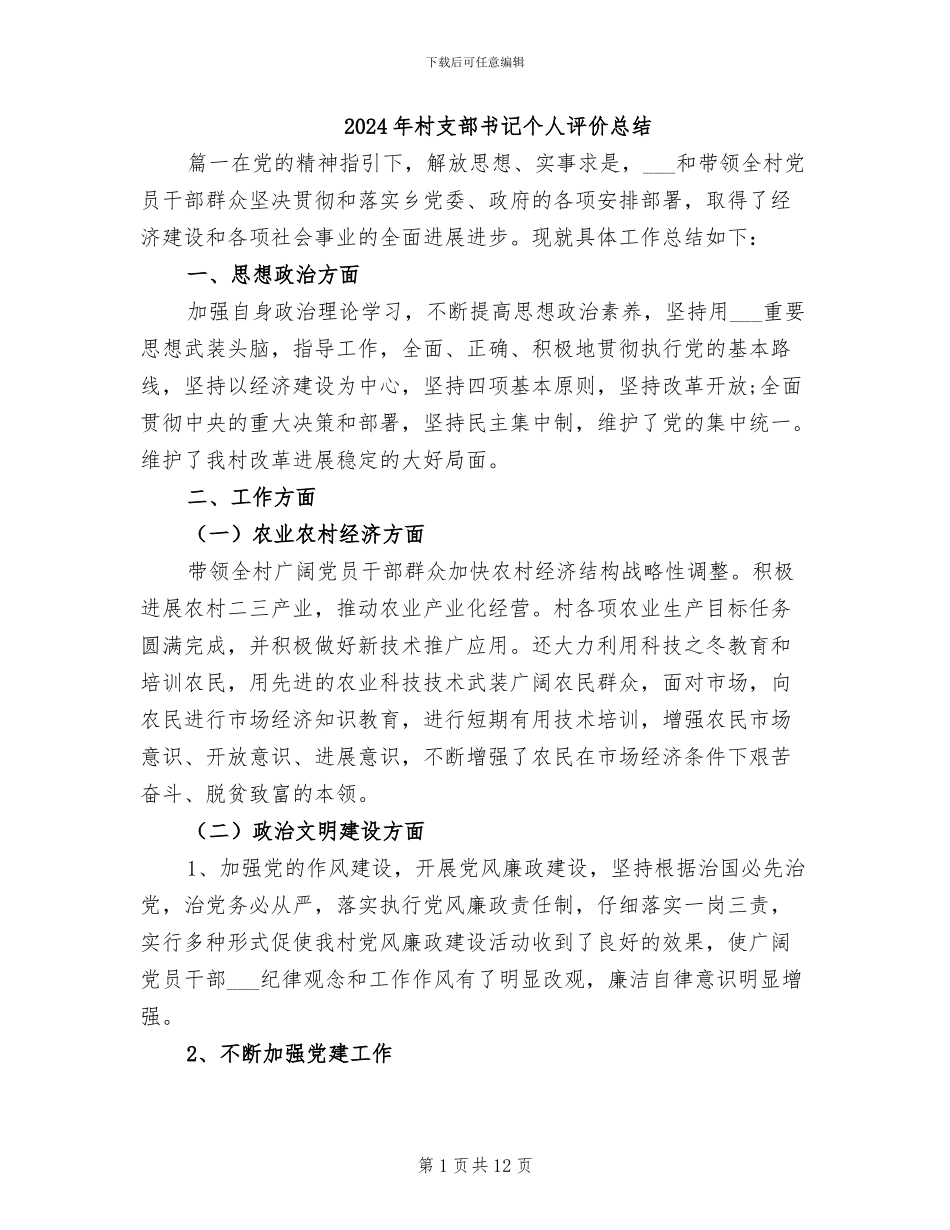 2024年村支部书记个人评价总结_第1页