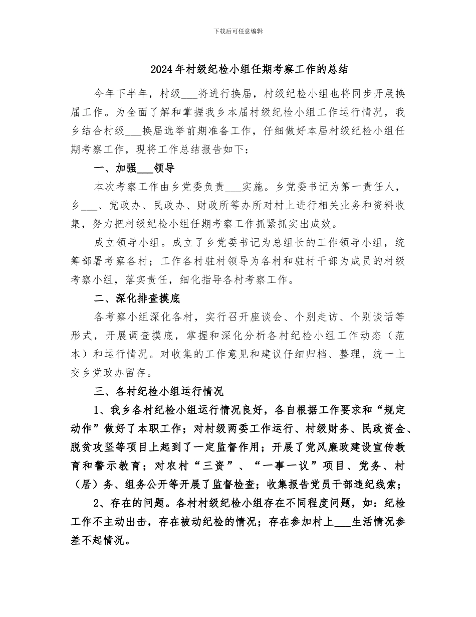 2024年村级纪检小组任期考察工作的总结_第1页