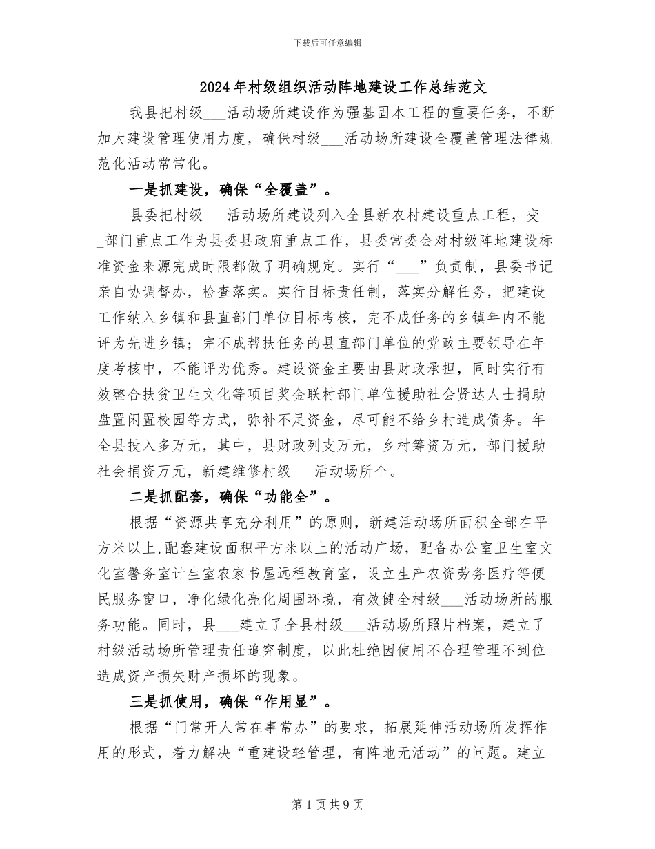 2024年村级组织活动阵地建设工作总结范文_第1页