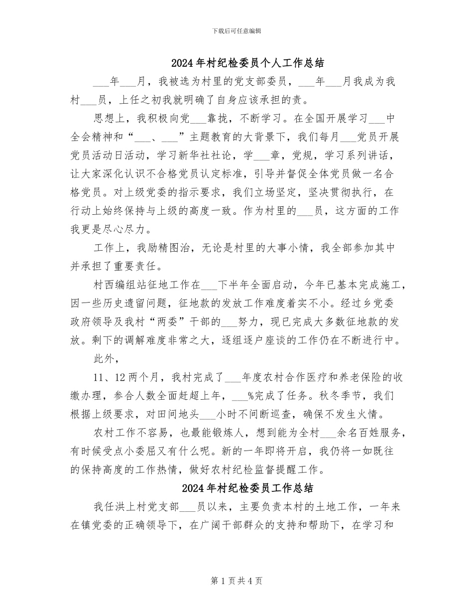 2024年村纪检委员个人工作总结_第1页