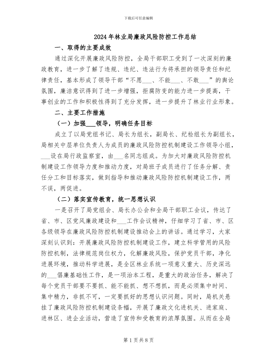 2024年林业局廉政风险防控工作总结_第1页