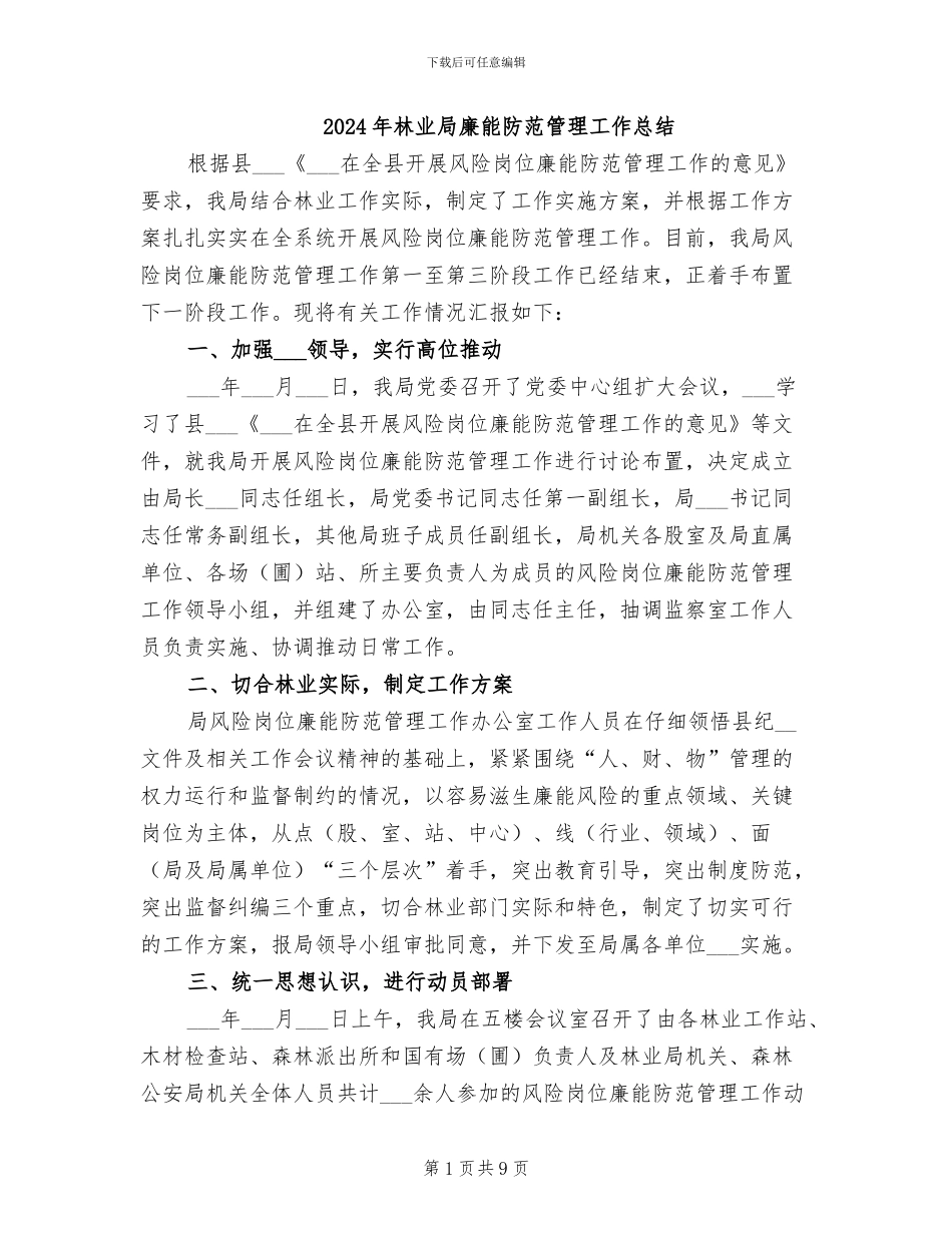 2024年林业局廉能防范管理工作总结_第1页