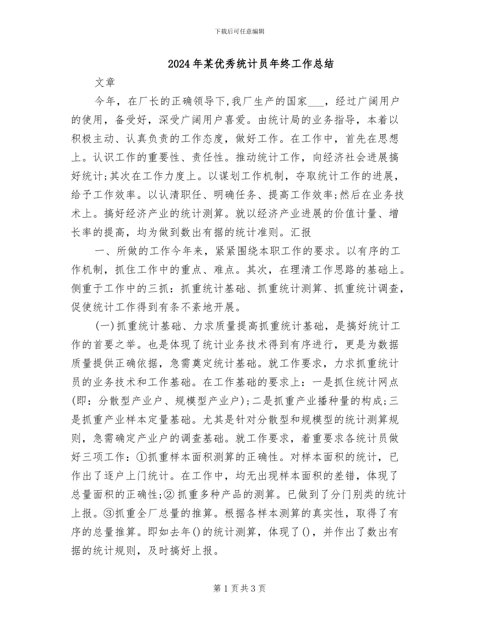 2024年某优秀统计员年终工作总结_第1页