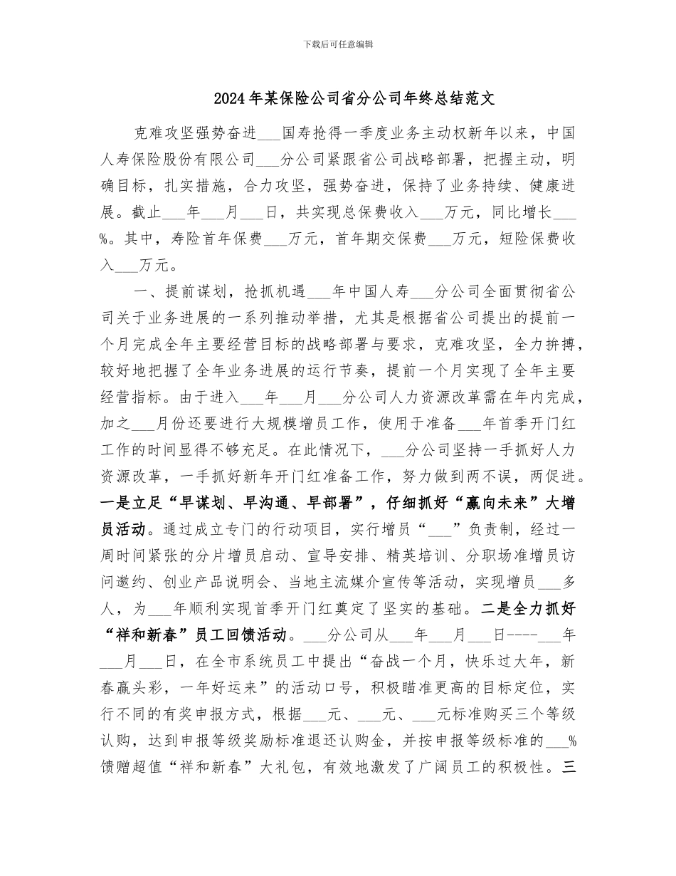 2024年某保险公司省分公司年终总结范文_第1页