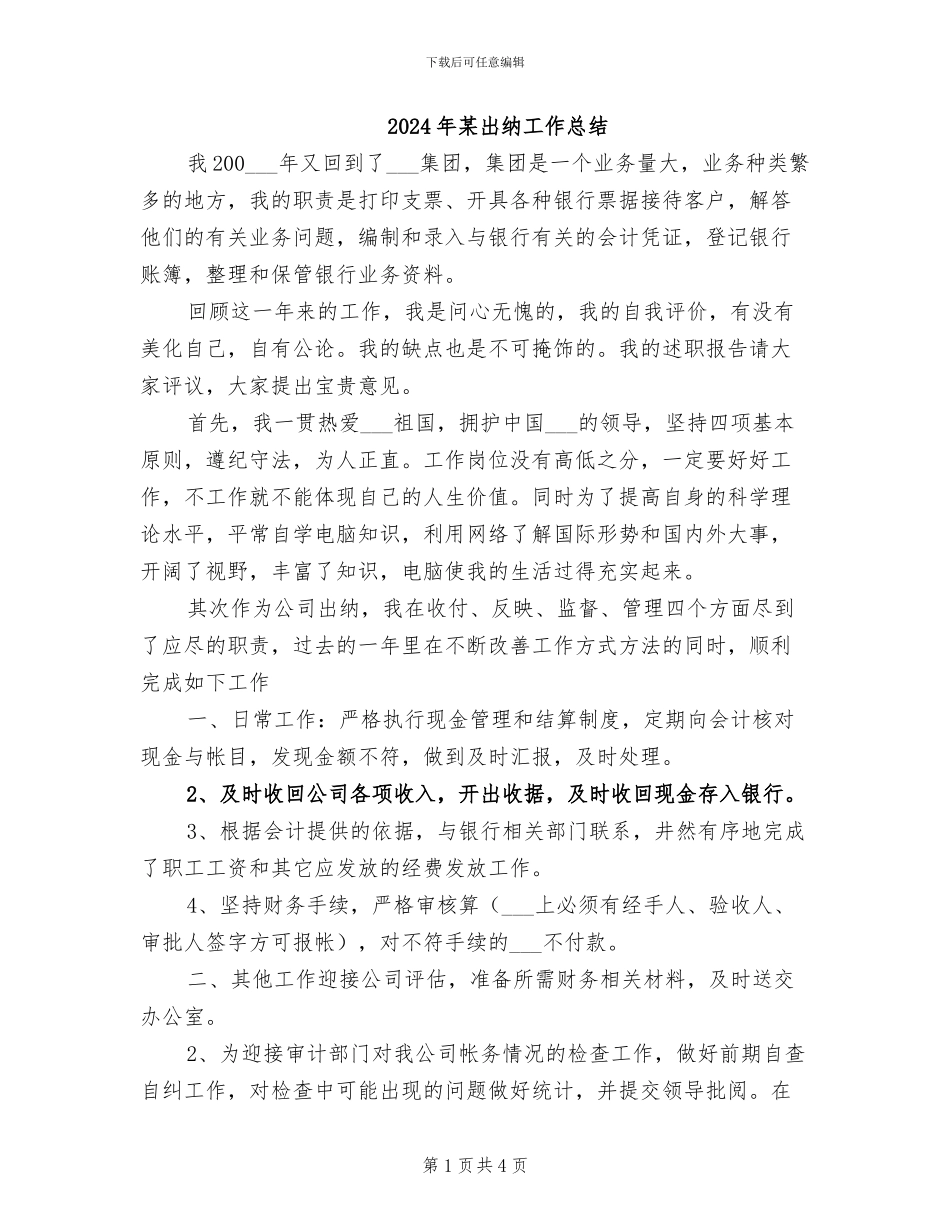 2024年某出纳工作总结_第1页