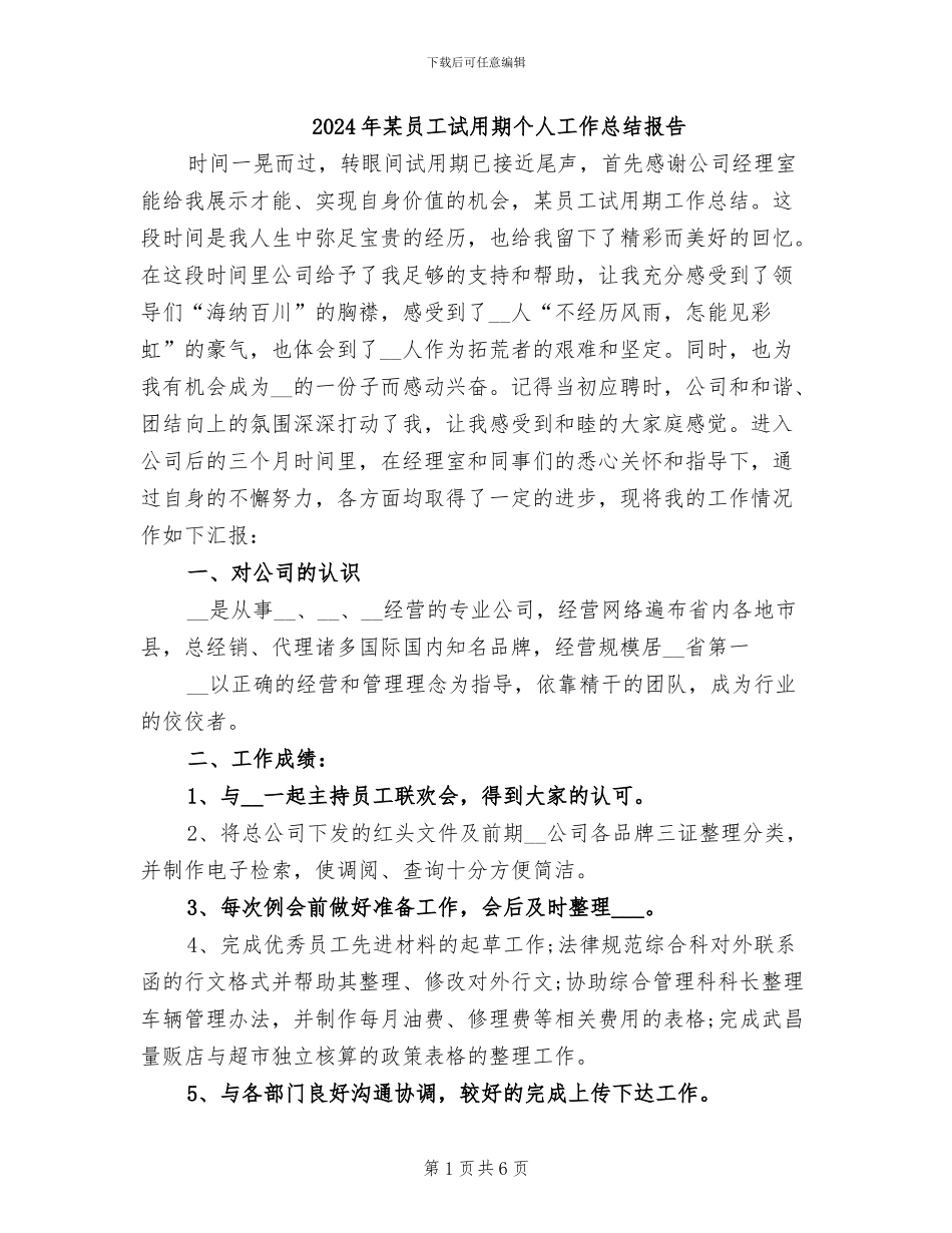 2024年某员工试用期个人工作总结报告_第1页